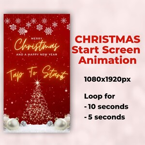 Può includere: Uno sfondo rosso con un albero di Natale dorato scintillante e fiocchi di neve. Il testo "Buon Natale e felice anno nuovo" e "Tocca per iniziare" sono in oro. Il testo "CHRISTMAS Start Screen Animation 1080x1920px Loop for - 10 seconds - 5 seconds" è in rosso.