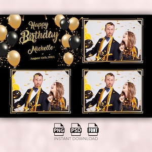 Könnte beinhalten: Eine schwarz-goldene Fotobooth-Vorlage mit dem Text "Happy Birthday Michelle" und "August 19th, 2024". Die Vorlage hat vier Fotoslots mit Konfetti und Ballons.