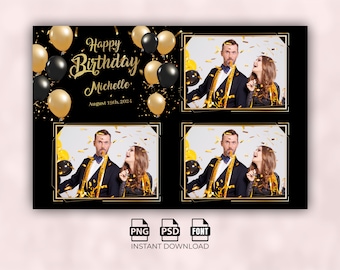 Birthday Photo Booth Template, 4x6 Photobooth Template Birthday, Gold Frames Birthday Photobooth Design, 4x6 Size Layout Photo Booth Overlay