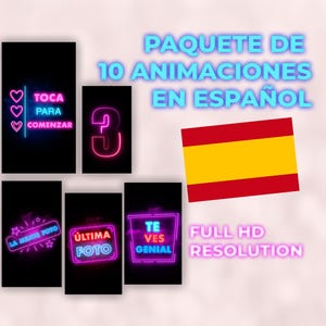 May include: A set of 10 animated video clips in Spanish, featuring neon pink and blue text on a black background. The text includes phrases like "Toca para comenzar" and "Te ves genial". The image also includes a Spanish flag and the text "Full HD Resolution".