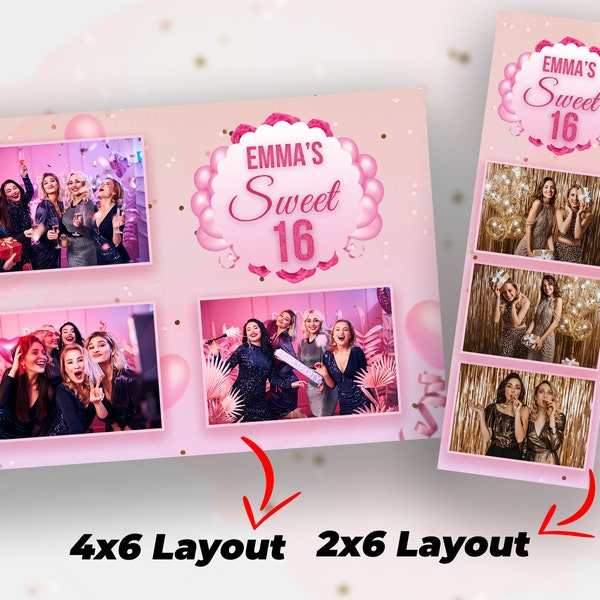 Sweet 16 Photobooth Template - Quinceanera photo booth template - Pink Birthday Photobooth design 2x6 and 4x6 layouts