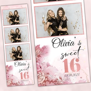 Sweet 16 Photo Booth Template|Pink Rose Gold Sweet Sixteen Photobooth|2x6 Photo Strip Template 16th Birthday|Quinceanera 2x6 3 photo layout
