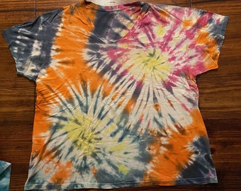 Upcycled Unisex Men's Tie-Dye V-Neck XXL Extra Extra LargeT-Shirt | Hippie BoHo Bohemian Beatnik Rave Festival | Rainbow Spiral