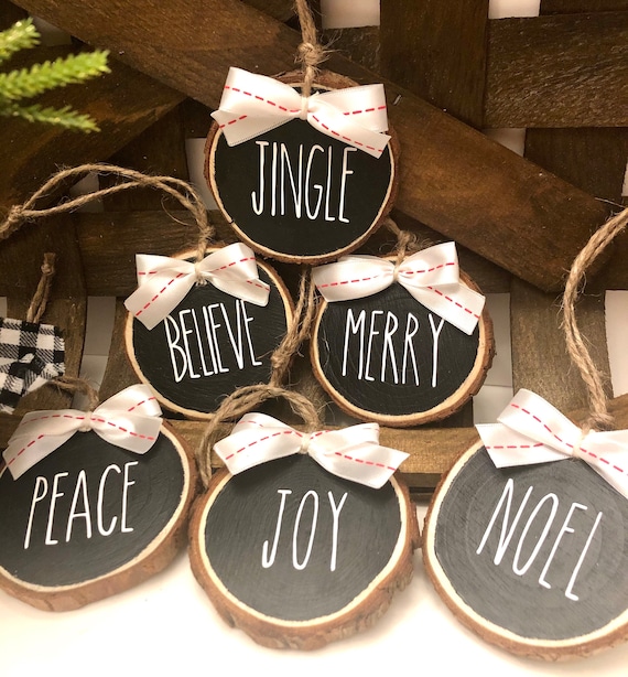 Set of 6 - Rustic Wood Slice CHRISTMAS ORNAMENTS white black farmhouse jute ribbon gift Rae Dunn style Merry Joy Noel Jingle Believe Peace