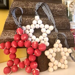Rustic Wood Bead Star Ornaments - Farmhouse Christmas Decor (Set of 3)