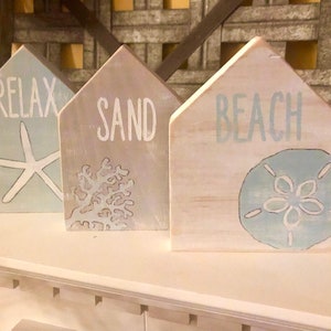 Wood Coastal Farmhouse mini houses tiered tray decor shelf sitter rustic Salt Life Surf Sand Beach Relax whale starfish coral sand dollar