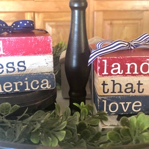 Mini Book Stack Wood Rustic farmhouse tiered tray decor, wood block patriotic Shelf sitter GOD BLESS America / Land That I Love Flag USA