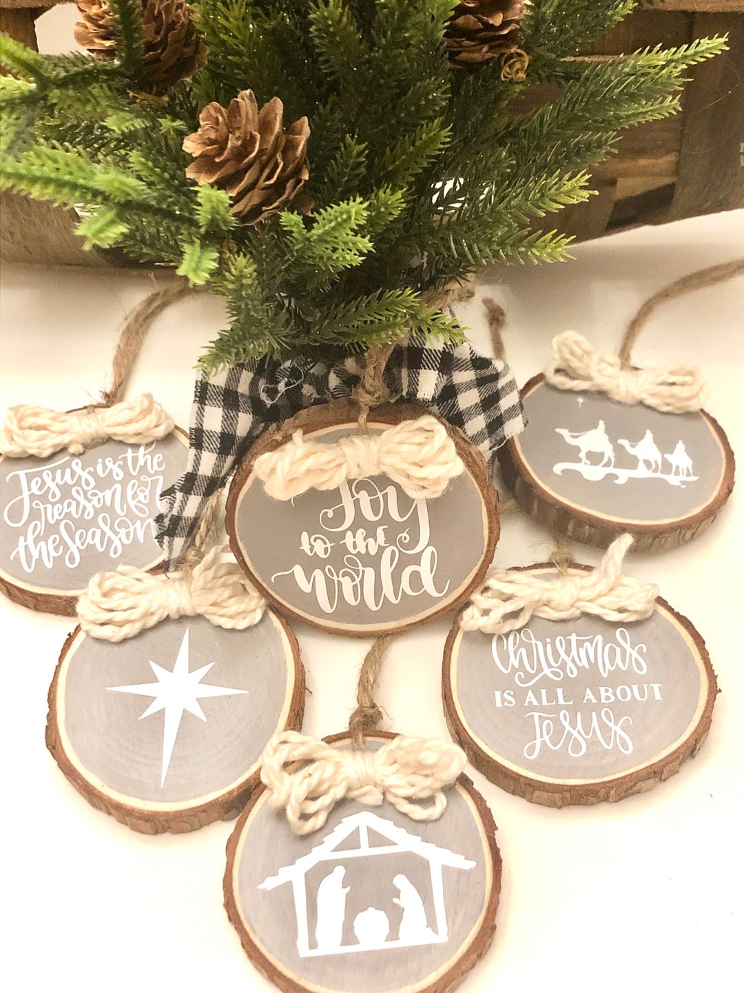 Christmas-themed Coffee Tree Wood Ornaments (Set of 6)