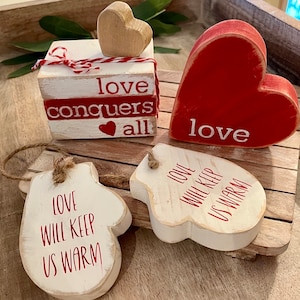 Rustic VALENTINES DAY BUNDLE tiered tray decor Mini Book Stack Chunky Wood Mittens Chubby Heart shelf sitter Love Conquers All farmhouse set