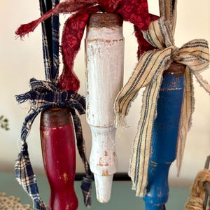 Upcycled PATRIOTIC SPINDLES Chunky Red White Blue Rustic Wood Farmhouse Tiered Tray Vintage Spindles Memorial Day 4th of July America USA