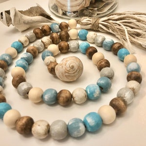 Coastal WOOD BEAD GARLAND Rustic farmhouse beach house decor distressed nautical tiered tray Bestseller jute tassel real seashell 3 ft long