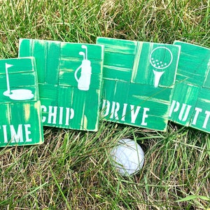 Handmade Wood Golf Coasters: Rustic Green and White, Set of 4 Handpainted drink coasters, housewarming hostess gift, golf course living