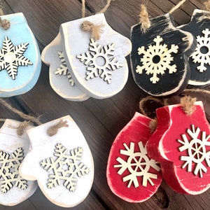 Chunky Rustic Wood Mittens CHRISTMAS ORNAMENTS Pair white red black grey blue farmhouse jute gift Snowflake Winter tiered tray decor mantel