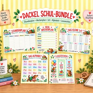 May include: A digital school bundle featuring a dachshund theme with a weekly planner, multiplication table, alphabet chart, and bookmarks. The set includes colorful illustrations of dachshunds, flowers, and hearts, with German text throughout the designs.
