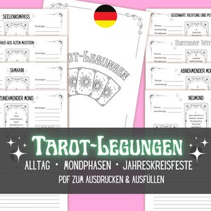 Pode incluir: Um conjunto de modelos de leitura de tarot imprimíveis em preto e branco. Os modelos incluem títulos como "Seelenkompass" e "Tarot-Legungen", com espaço para anotações. A imagem também apresenta a bandeira alemã.