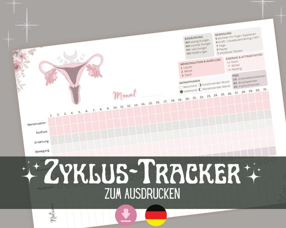 Zyklustracker PDF deutsch | Zykluskalender zum Ausdrucken | Mondphasen, Notizen, Perioden Journal, Stimmung, PMS
