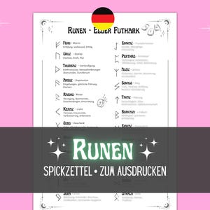 ルーンチートシート - エルダー・フサルクの概要と意味 | グリモアとシャドウブックのための印刷可能な魔術知識 | PDF ドイツ語
