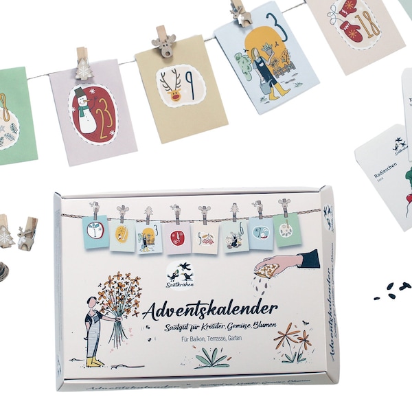 Adventskalender Saatgut als Geschenkset - 25x dekorierte Weihnachtsklammern, 3m Naturgarn, 24x verschiedenes Saatgut - personalisierbar