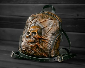 Brown leather handmade women's backpack Skull, Leather backpack Skull, Ginger women's backpack Skull, Gothic style backpack Skull