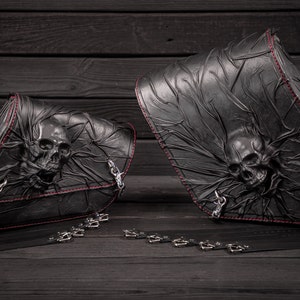 Motorcycle&#39;s Kit handmade black leather red stitching saddlebags Skull, Sportster Left side and Right side saddle bags Skull, Side bag Skull
