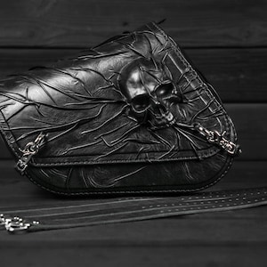 Motorcycle&#39;s black leather left side saddlebag Skull,  Motorcycle’s side bag Skull,  Black leather swingarm bag Skull, Custom bag Skull
