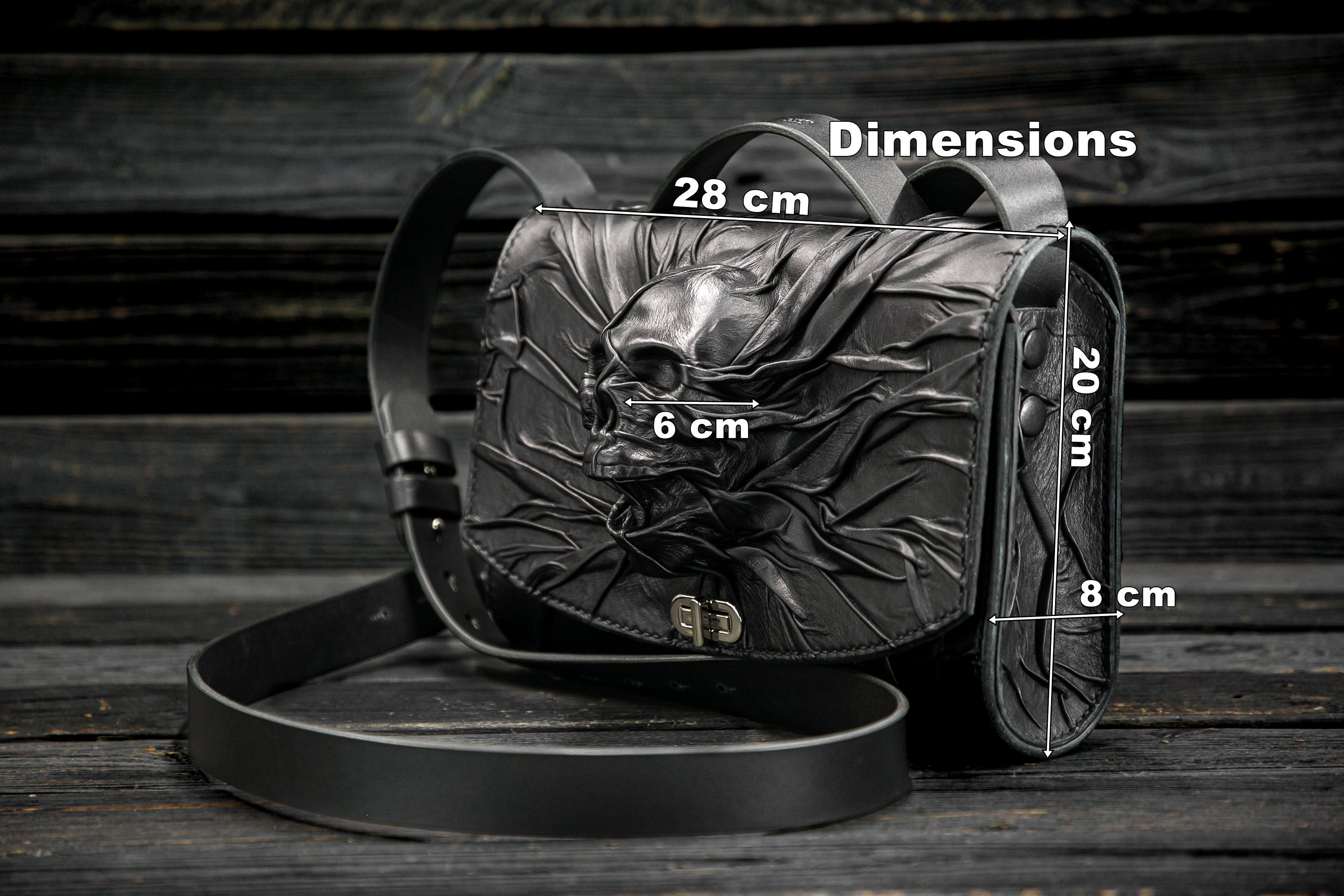 Custom Design Black Leather Bag With Gothic Skull, Handmade Black