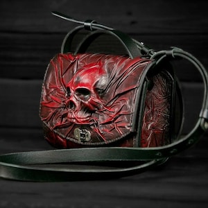 Bolso de mano de piel roja de alta calidad hecho a mano con calaveras, Bolso de mano de piel roja, Bolso de mano con calaveras, Bolso pequeño con calaveras, Bolso de mano de piel para mujer con calaveras