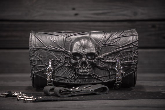 Motorcycle s Black Leather Fork Bag Skull Motorcycle s Tool Bag Skull Universal Leather Tool Bag Black Leather Instrumental Bag Skull Etsy