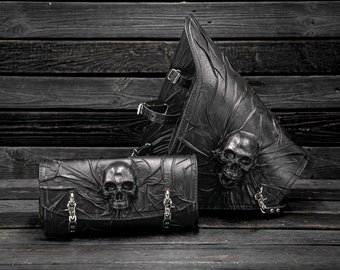 Motorcycle&#39;s kit black leather black stitched swingarm bag and forkbag Skulls, Motorcycle&#39;s leather saddle bag and bar bag Skull, Side bag
