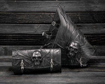 Motorcycle's kit black leather black stitched swingarm bag and forkbag Skulls, Motorcycle's leather saddle bag and bar bag Skull, Side bag