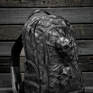 Black leather backpack Skulls, Big black leather backpack Skulls, Gothic style black leather backpack Skulls, Biker's leather backpack
