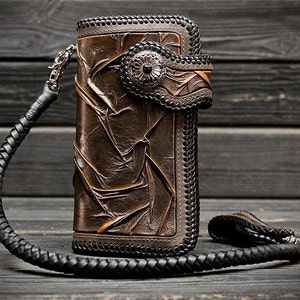 Cartera larga de motociclista de cuero marrón, Cartera de motociclista de cuero marrón hecha a mano, Cartera larga de cuero Steampunk, Cartera de cuero de diseño personalizado