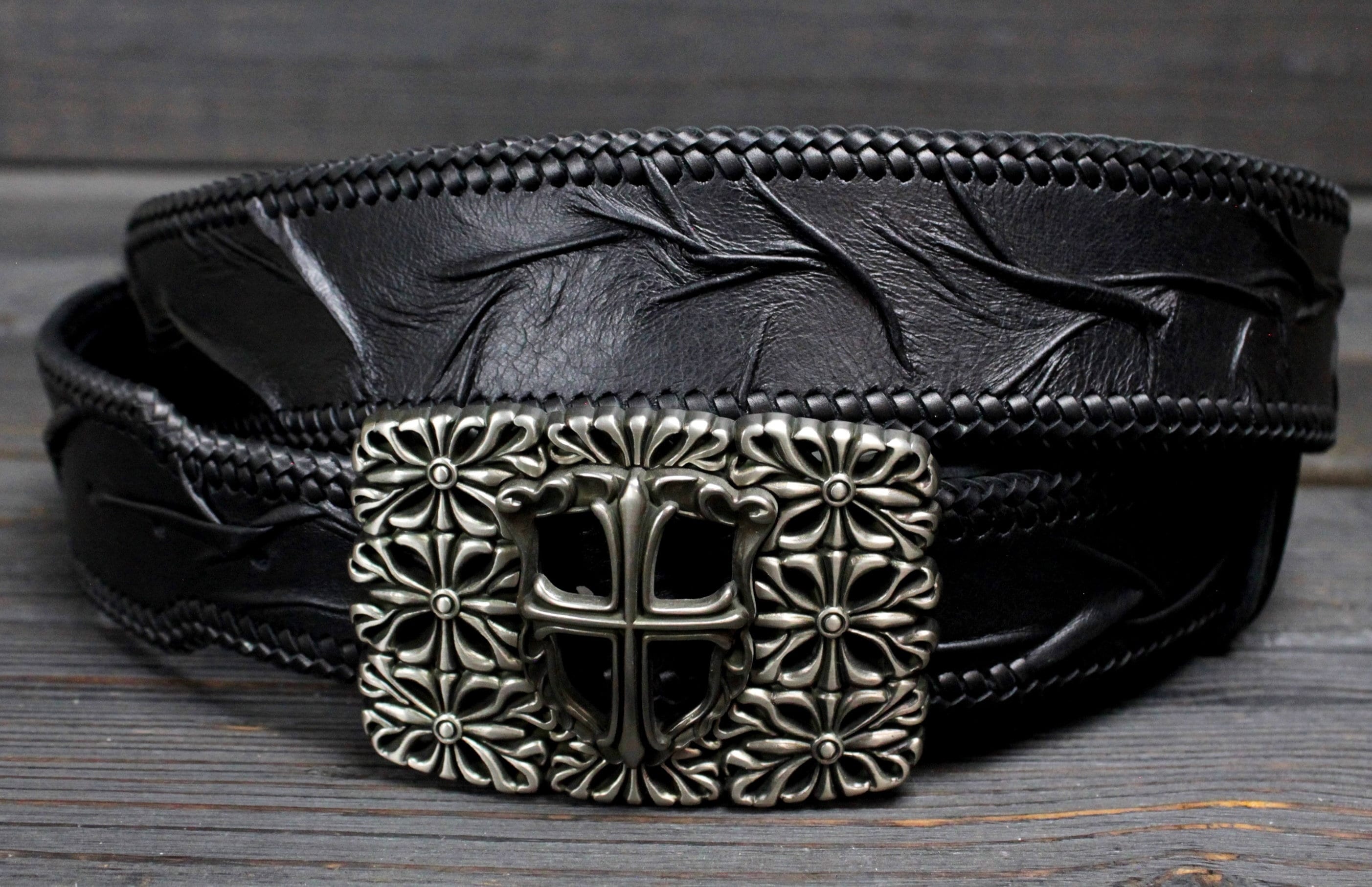 Black Leather Handbraided Belt Gothic Cross, Handmade Black