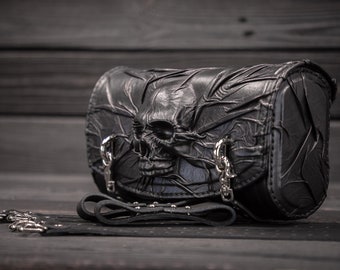 Motorcycle's black leather fork bag Skull, Motorcycle's tool bag Skull, Universal leather tool bag, Black leather instrumental bag Skull