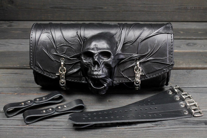 Harleydavidson Softail Black Leather Tool Bag Skull Softail Etsy