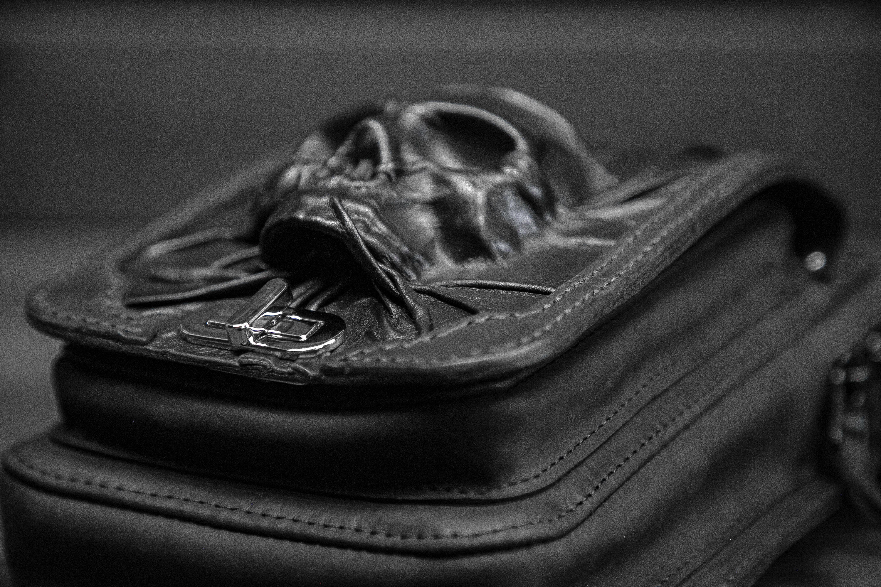 Handmade Biker's Black Leather Leg Bag Skull, Black Gothic Leather