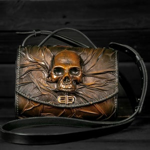 Cartera de mujer de piel marrón Skull, Bolso de piel de jengibre hecho a mano Skull, Bolso pequeño de mujer de piel marrón Skull, Bolso de mujer estilo gótico Skull