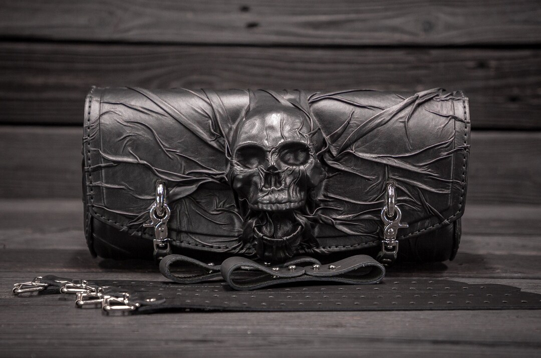 Motorcycle s Black Leather Fork Bag Skull Handmades Leather Barbag Skull Black Leather Roll Bag Motorcycle s Crumpled Leather Bag Skull Etsy