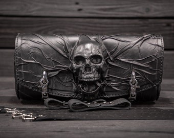 Motorcycle's black leather fork bag Skull, Handmades leather barbag Skull, Black leather roll bag, Motorcycle's crumpled leather bag Skull