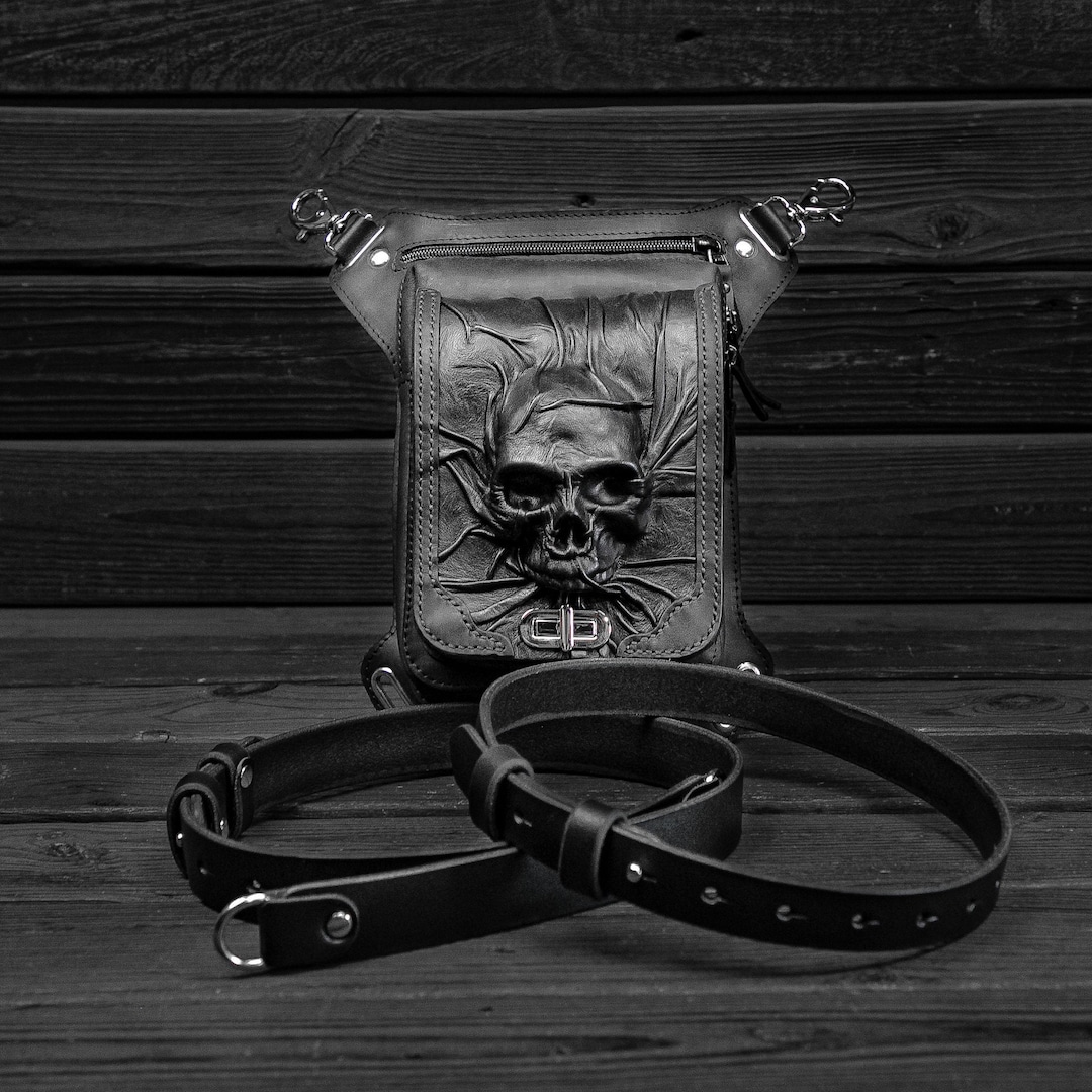 Handmade Biker's Black Leather Leg Bag Skull, Black Gothic