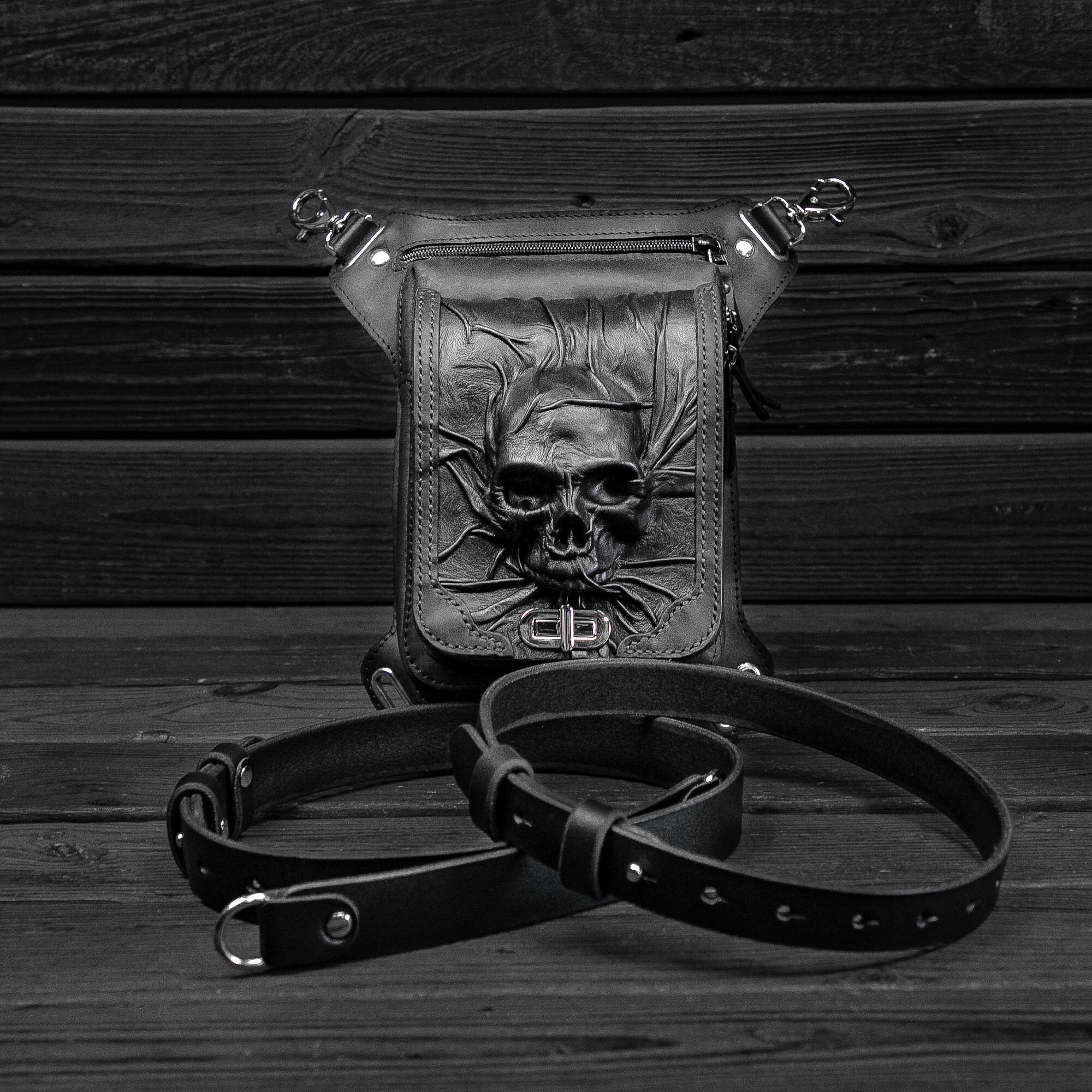 Handmade Biker's Black Leather Leg Bag Skull, Black Gothic Leather