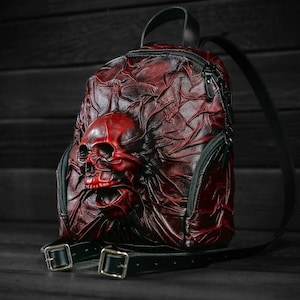 Women&#39;s red leather backpack Skull, Handmade red leather backpack Skull, Gothic style red leather backpack Skull, Women&#39;s backpack Skull