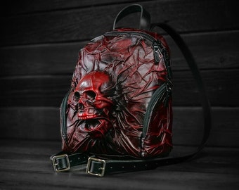 Women's red leather backpack Skull, Handmade red leather backpack Skull, Gothic style red leather backpack Skull, Women's backpack Skull