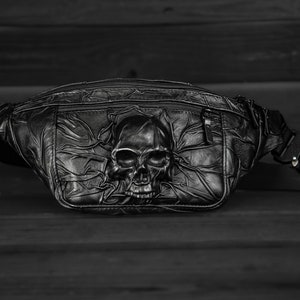 Handmade black leather hip bag with Skull, Leather waist bag with Skull, Man leather hip bag, Women's hip bag, High quality leather hip bag