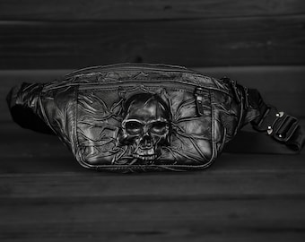 Handmade black leather hip bag with Skull, Leather waist bag with Skull, Man leather hip bag, Women's hip bag, High quality leather hip bag