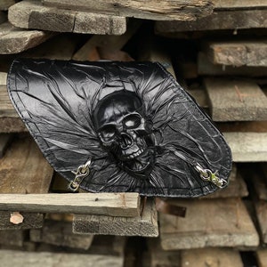 Motorcycle&#39;s black leather swingarm bag Skull, Black leather swingarm bag Skull, Leather saddle bag Skull, Gothic motorcycle&#39;s side bag