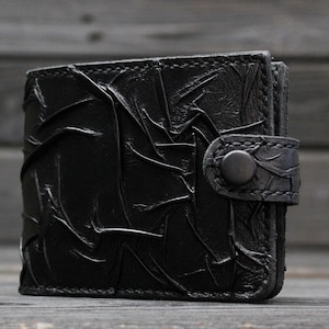 Cartera de cuero negro hecha a mano con monedero a presión, Monedero de cuero negro con monedero a presión, Cartera de cuero de motero, Cartera estilo gótico