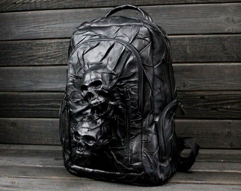 Black leather backpack Skulls, Big black leather backpack Skulls, Gothic style black leather backpack Skulls, Biker's leather backpack