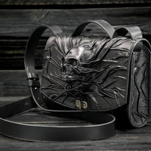 Custom design black leather bag with Gothic Skull, Handmade black leather bag Gothic Style Skull, Biker's handmade black leather bag Skull