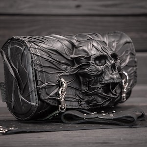 Motorcycle&#39;s black leather fork bag Skull, Custom Design black leather tool bag Skull, Motorcycle&#39;s black bar bag Skull, Leather front bag